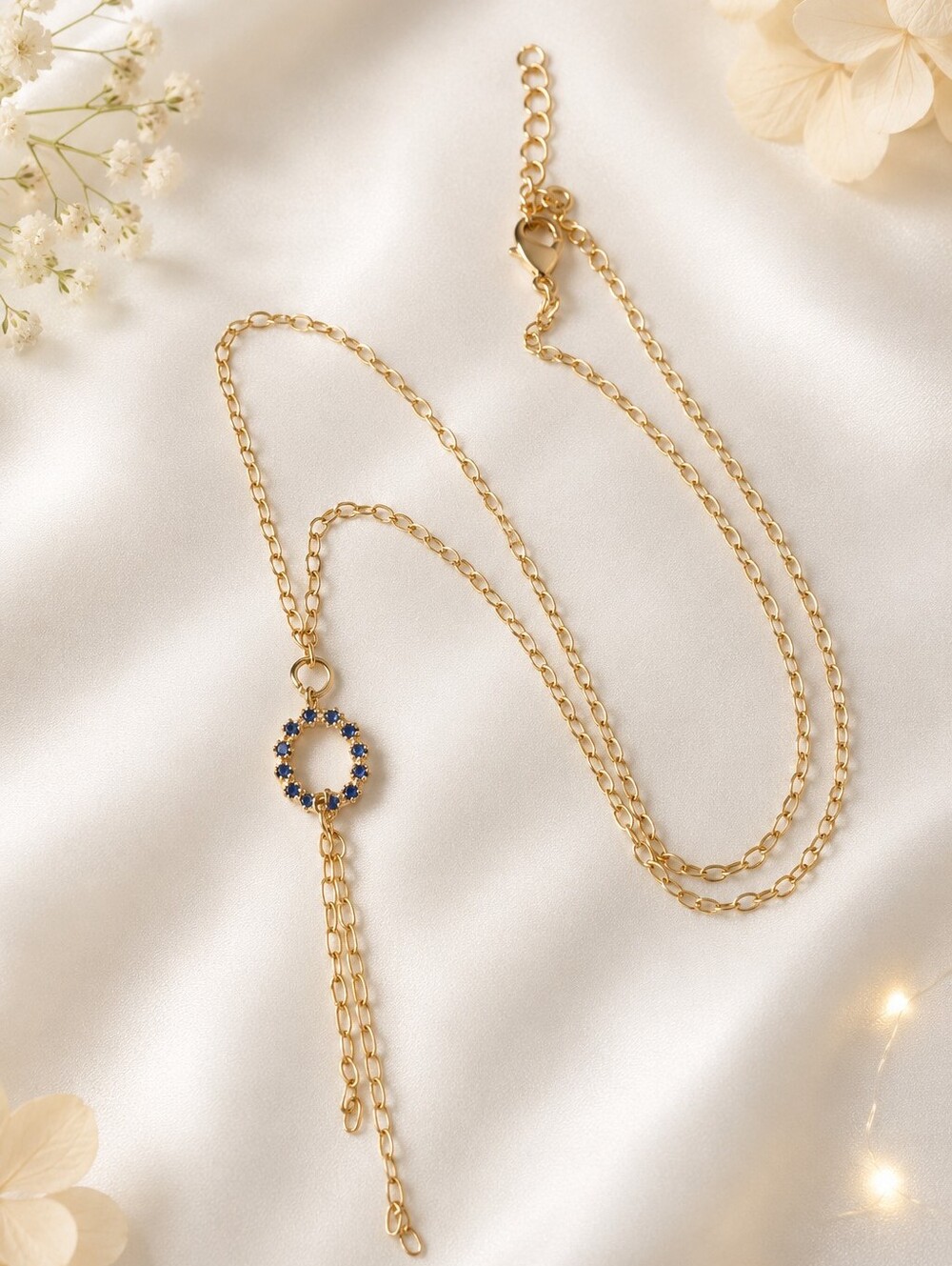 Gold Chain Necklace with Blue Halo Pendant and Dangle